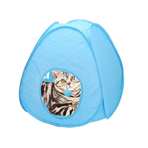 Petacc Haustier Zelt | Hundehütten Katzen Camp Zelt | Katzen Tunnel Spielzeug mit Innenhängeballen , Anti-mosquito , Faltbare , Blau