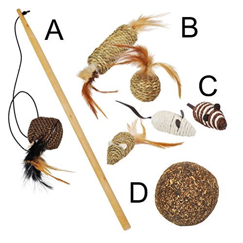 VOSS.PET Katzenspielzeug Set: 4 Teile Eco Katzenangel Katze Spielzeug Bälle Maus Sisal