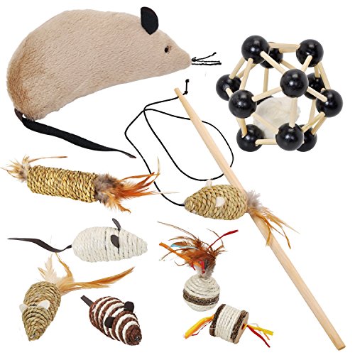 Katzenspielzeug SET VOSS.PET: 9 Teile Katzenangel Katze Spielzeug Bälle Fellmaus Sisal